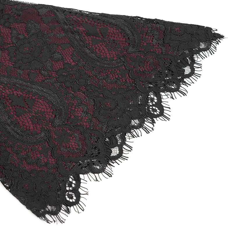 DEVIL FASHION Women's Gothic Floral Embroidered Lace-up Square-cut Collar Lace Dress Red