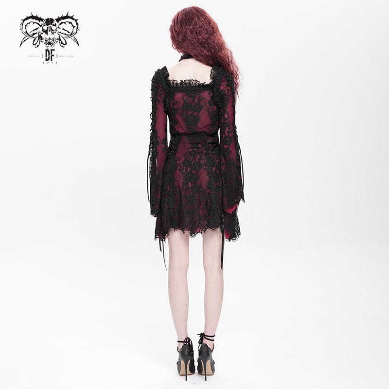 DEVIL FASHION Women's Gothic Floral Embroidered Lace-up Square-cut Collar Lace Dress Red