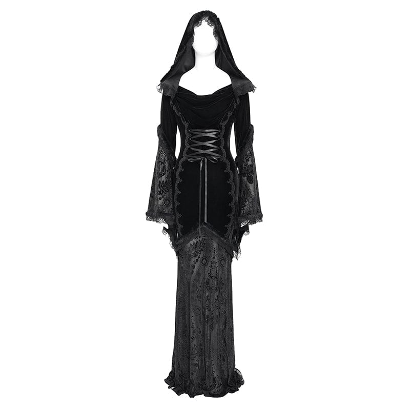 DEVIL FASHION Women's Gothic Floral Embroidered Mesh Splice Lace-up Hooded Dress Black