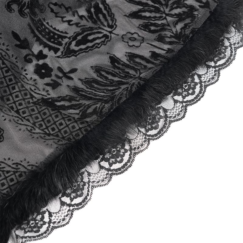 DEVIL FASHION Women's Gothic Floral Embroidered Mesh Splice Lace-up Hooded Dress Black