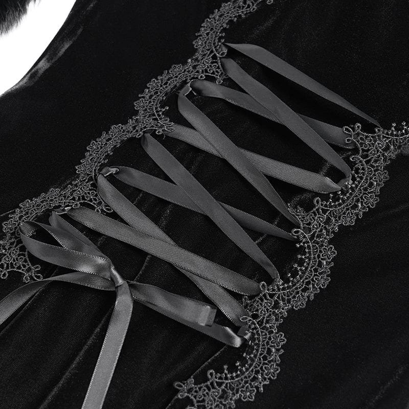 DEVIL FASHION Women's Gothic Floral Embroidered Mesh Splice Lace-up Hooded Dress Black