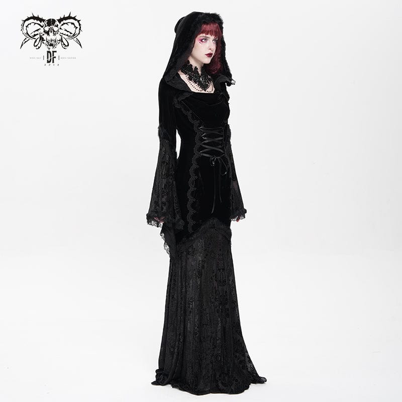 DEVIL FASHION Women's Gothic Floral Embroidered Mesh Splice Lace-up Hooded Dress Black