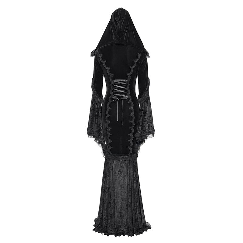 DEVIL FASHION Women's Gothic Floral Embroidered Mesh Splice Lace-up Hooded Dress Black
