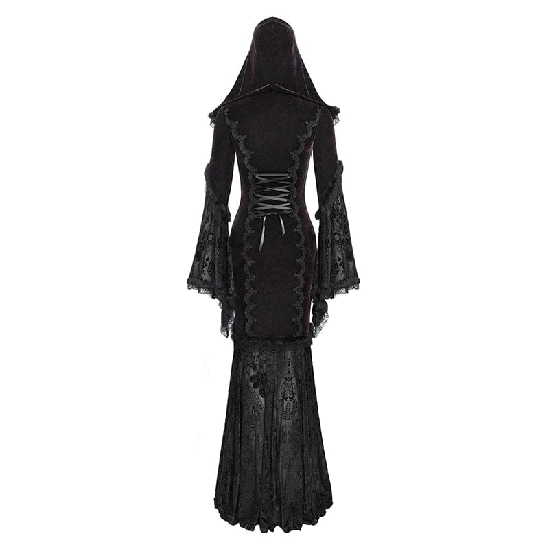 DEVIL FASHION Women's Gothic Floral Embroidered Mesh Splice Lace-up Hooded Dress Red