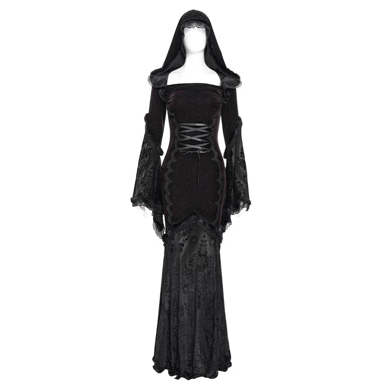 DEVIL FASHION Women's Gothic Floral Embroidered Mesh Splice Lace-up Hooded Dress Red