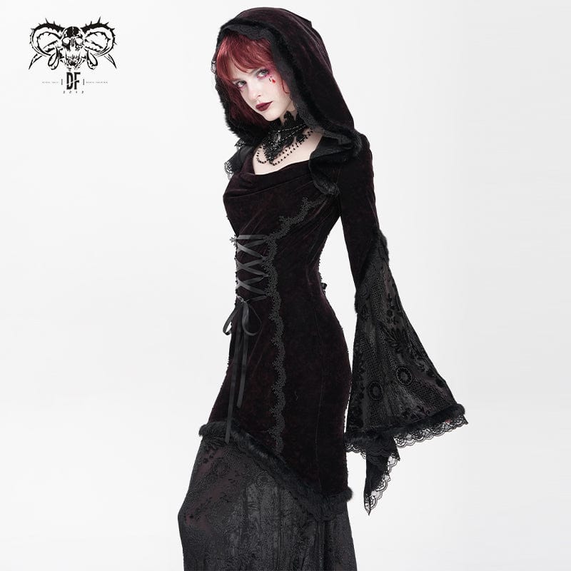 DEVIL FASHION Women's Gothic Floral Embroidered Mesh Splice Lace-up Hooded Dress Red