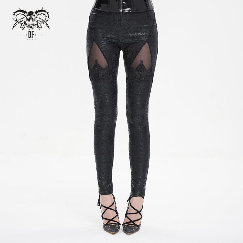 DEVIL FASHION Women's Gothic Floral Embroidered Mesh Splice Leggings