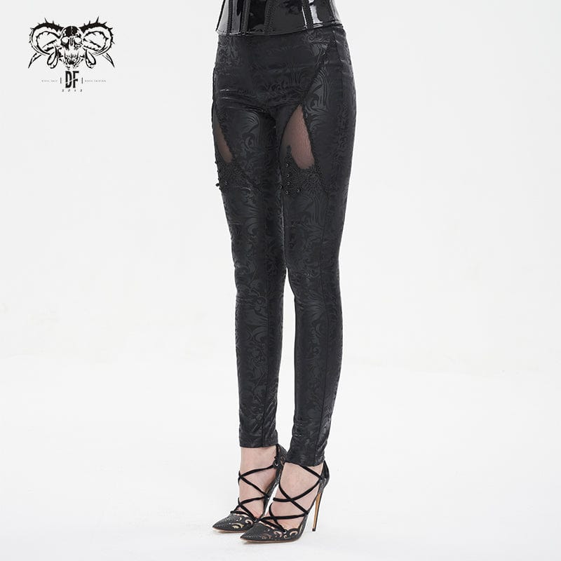 DEVIL FASHION Women's Gothic Floral Embroidered Mesh Splice Leggings