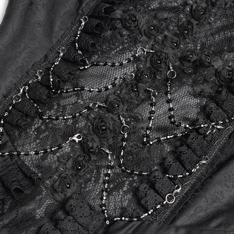 DEVIL FASHION Women's Gothic Floral Embroidered Ruched Lace-up Long Sleeved Dress Black