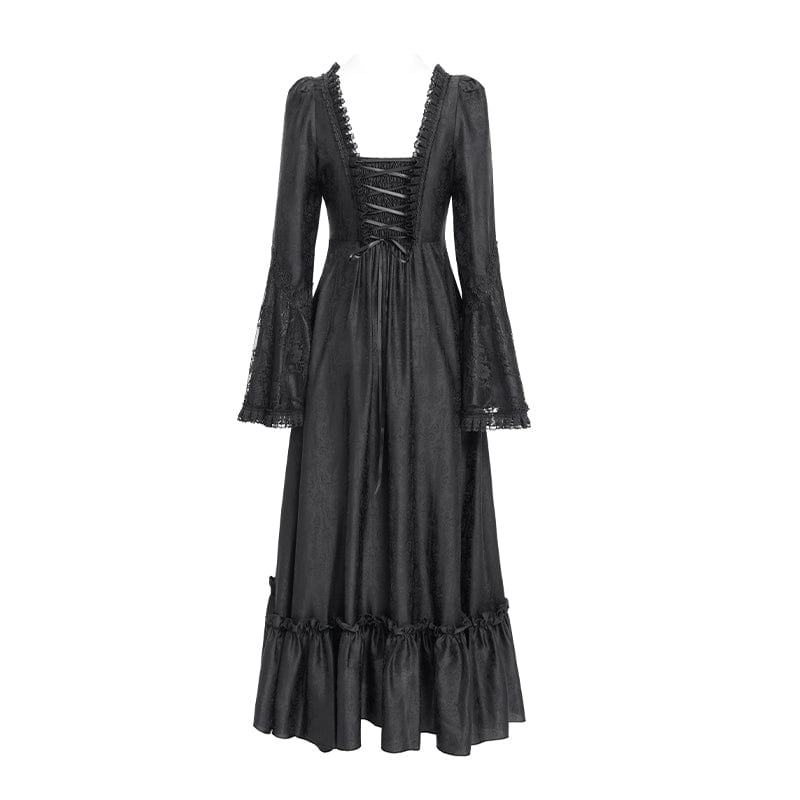 DEVIL FASHION Women's Gothic Floral Embroidered Ruched Lace-up Long Sleeved Dress Black