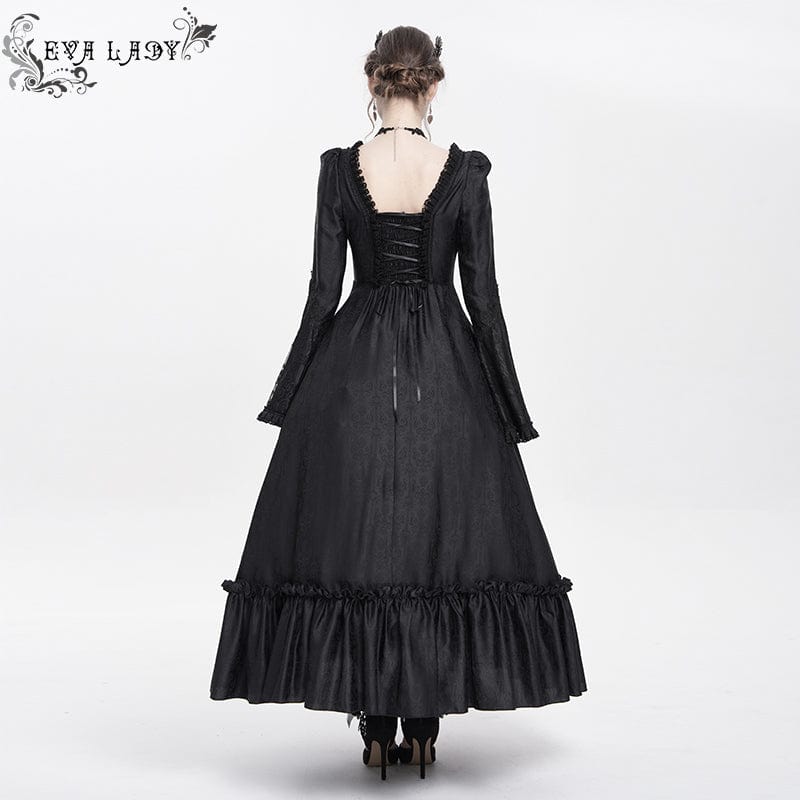DEVIL FASHION Women's Gothic Floral Embroidered Ruched Lace-up Long Sleeved Dress Black