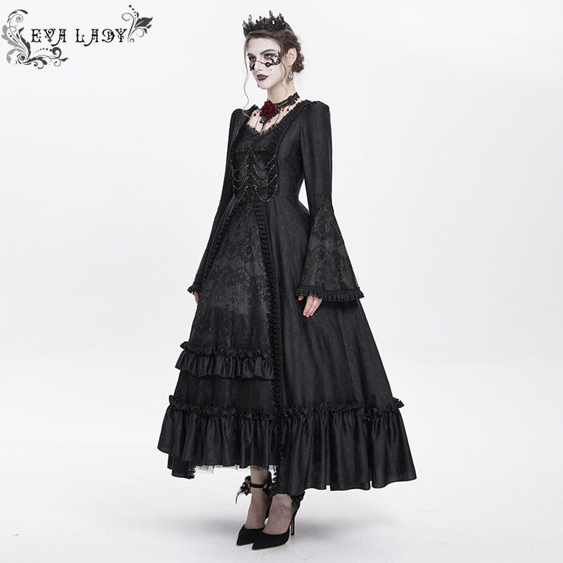 DEVIL FASHION Women's Gothic Floral Embroidered Ruched Lace-up Long Sleeved Dress Black