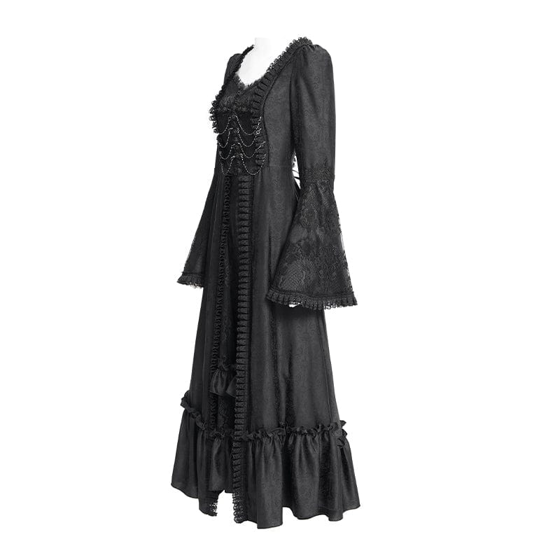 DEVIL FASHION Women's Gothic Floral Embroidered Ruched Lace-up Long Sleeved Dress Black