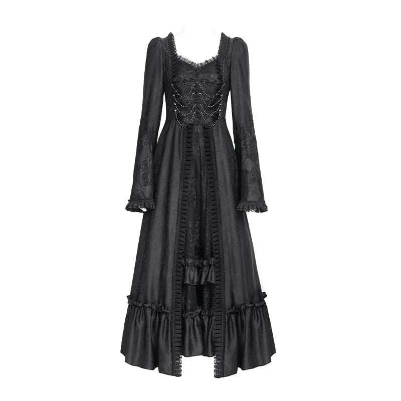 DEVIL FASHION Women's Gothic Floral Embroidered Ruched Lace-up Long Sleeved Dress Black