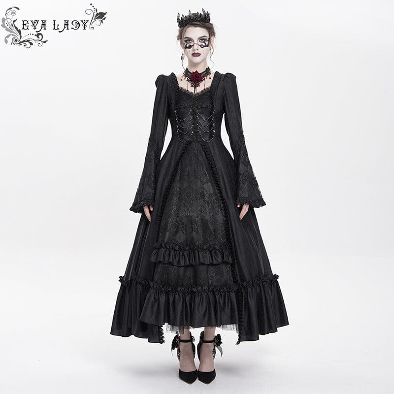 DEVIL FASHION Women's Gothic Floral Embroidered Ruched Lace-up Long Sleeved Dress Black