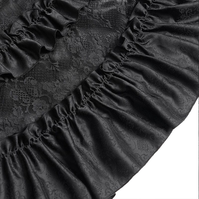 DEVIL FASHION Women's Gothic Floral Embroidered Ruched Lace-up Long Sleeved Dress Black