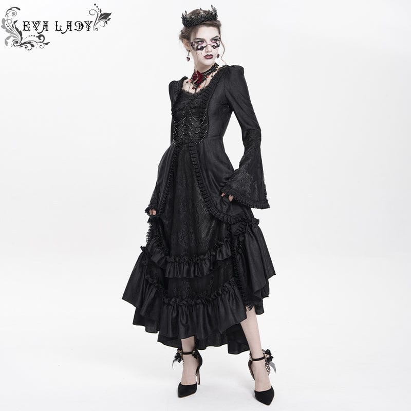 DEVIL FASHION Women's Gothic Floral Embroidered Ruched Lace-up Long Sleeved Dress Black