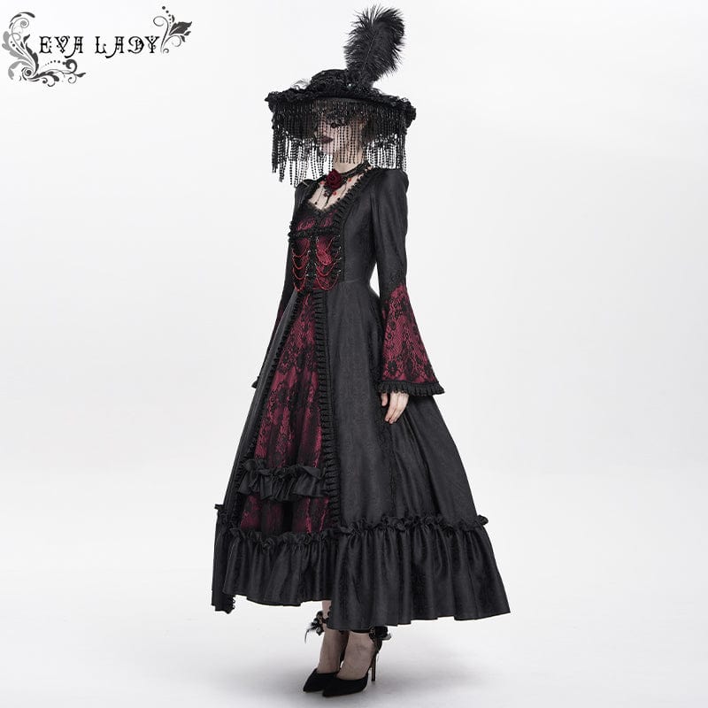 DEVIL FASHION Women's Gothic Floral Embroidered Ruched Lace-up Long Sleeved Dress Red