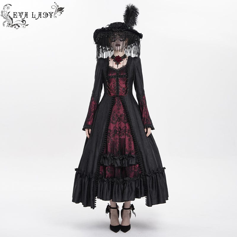 DEVIL FASHION Women's Gothic Floral Embroidered Ruched Lace-up Long Sleeved Dress Red