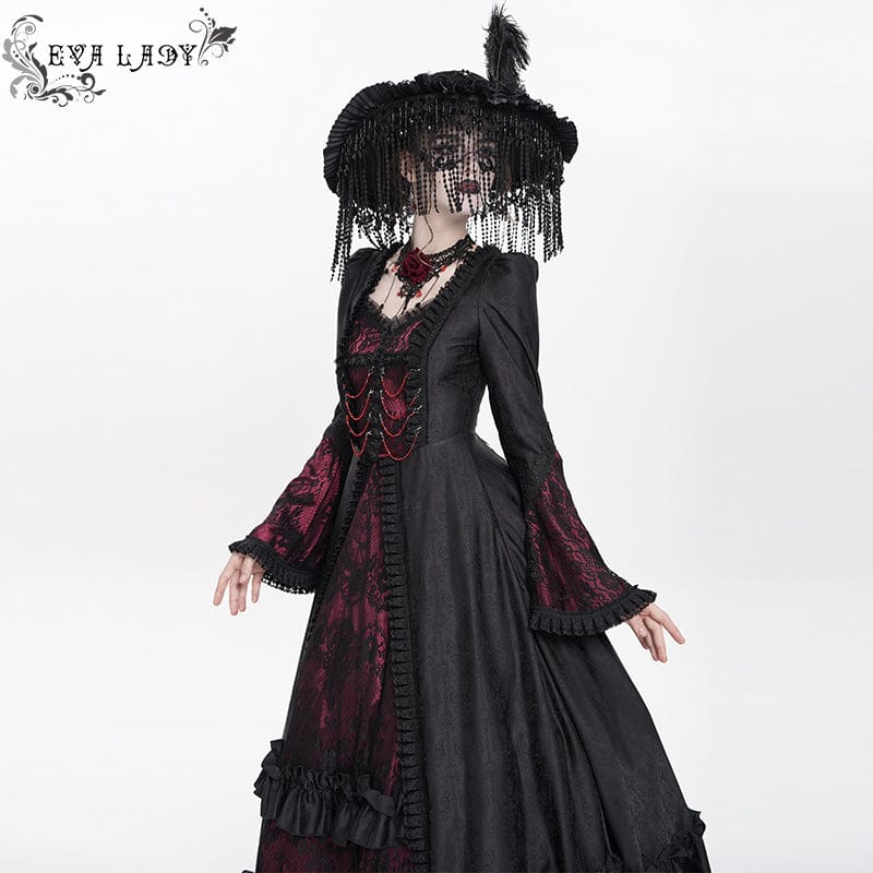 DEVIL FASHION Women's Gothic Floral Embroidered Ruched Lace-up Long Sleeved Dress Red
