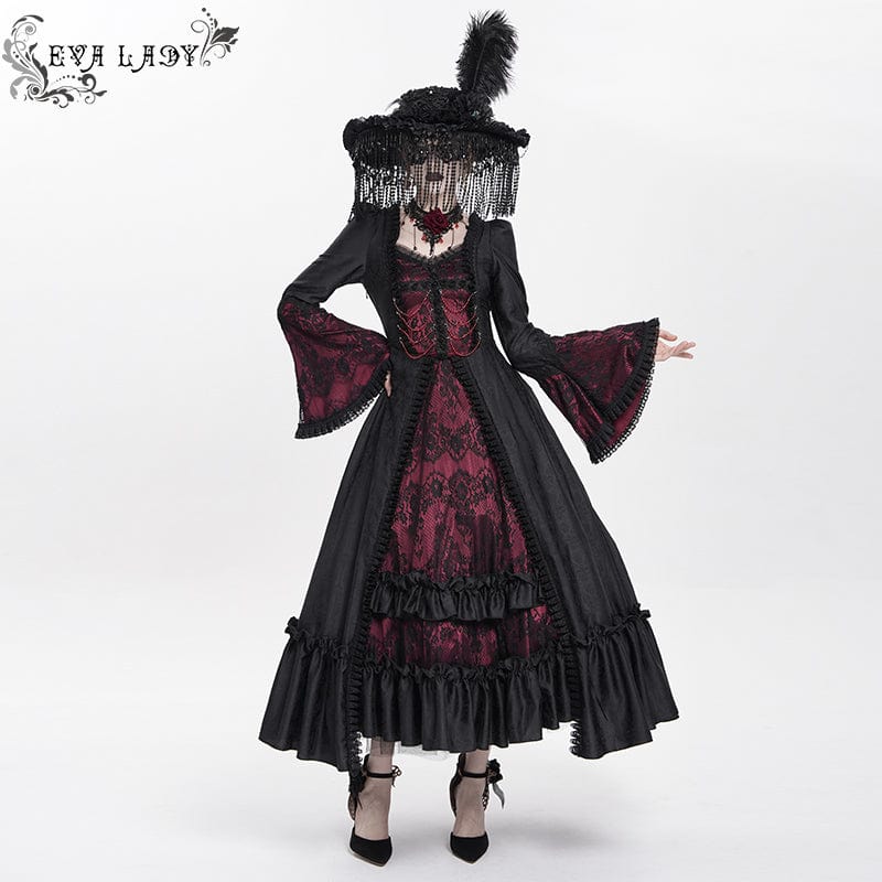 DEVIL FASHION Women's Gothic Floral Embroidered Ruched Lace-up Long Sleeved Dress Red