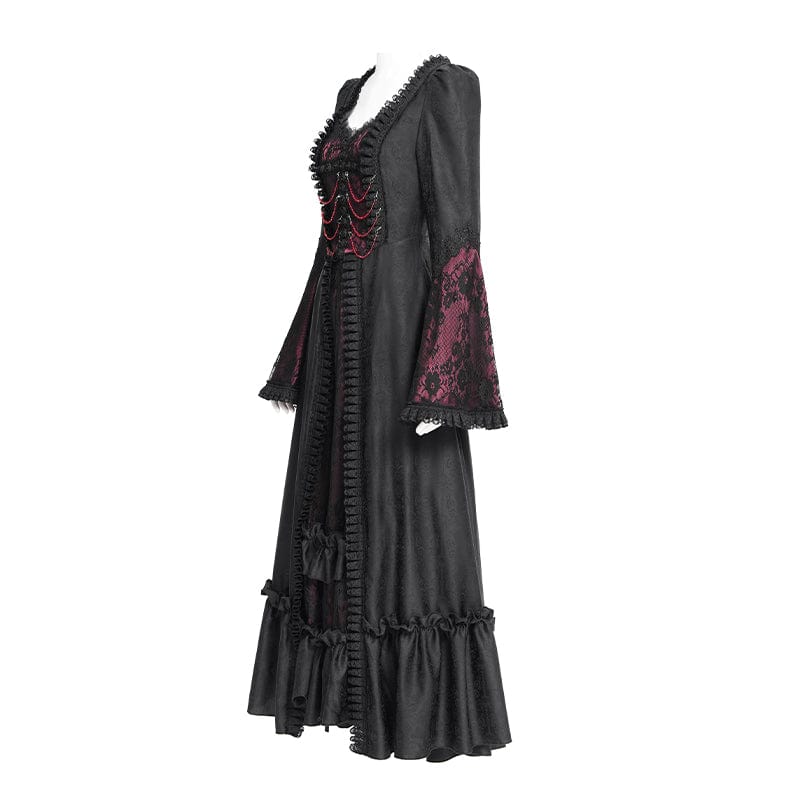 DEVIL FASHION Women's Gothic Floral Embroidered Ruched Lace-up Long Sleeved Dress Red