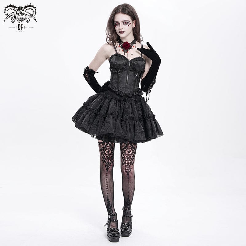 DEVIL FASHION Women's Gothic Floral Embroidered Ruffled Lace-up Tank Top Black