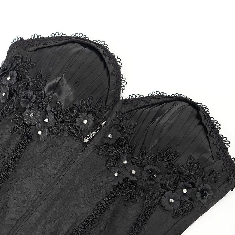 DEVIL FASHION Women's Gothic Floral Embroidered Ruffled Lace-up Tank Top Black
