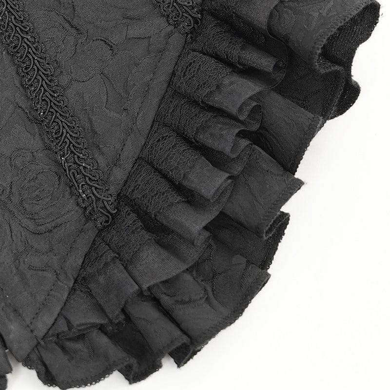 DEVIL FASHION Women's Gothic Floral Embroidered Ruffled Lace-up Tank Top Black