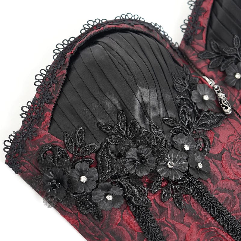 DEVIL FASHION Women's Gothic Floral Embroidered Ruffled Lace-up Tank Top Red
