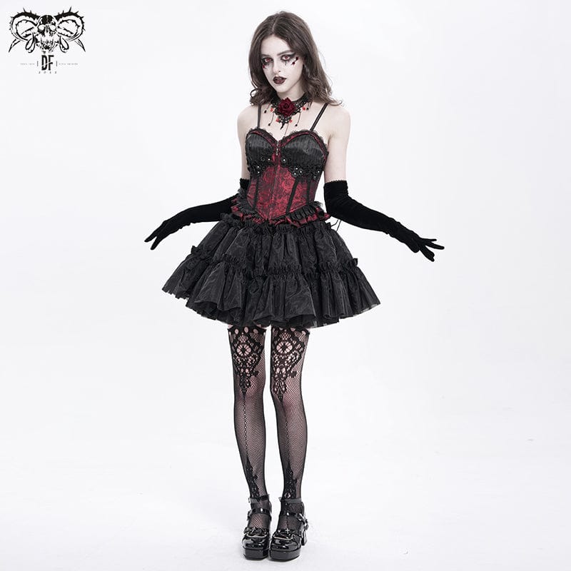 DEVIL FASHION Women's Gothic Floral Embroidered Ruffled Lace-up Tank Top Red