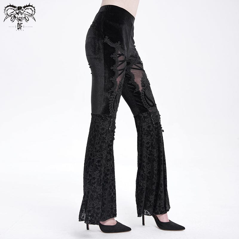 DEVIL FASHION Women's Gothic Floral Embroidered Velvet Flared Pants