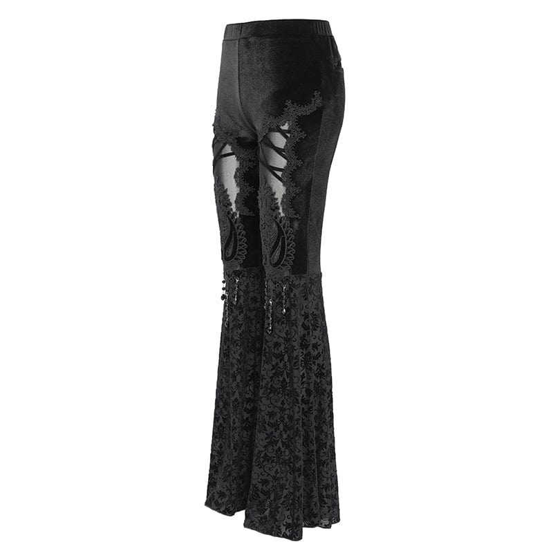 DEVIL FASHION Women's Gothic Floral Embroidered Velvet Flared Pants