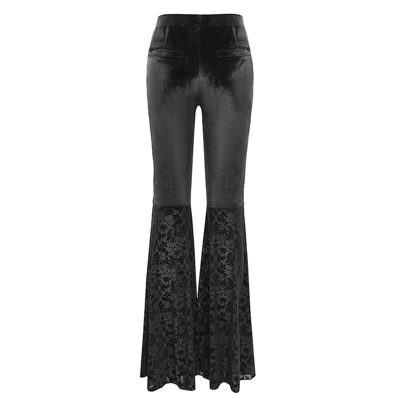 DEVIL FASHION Women's Gothic Floral Embroidered Velvet Flared Pants