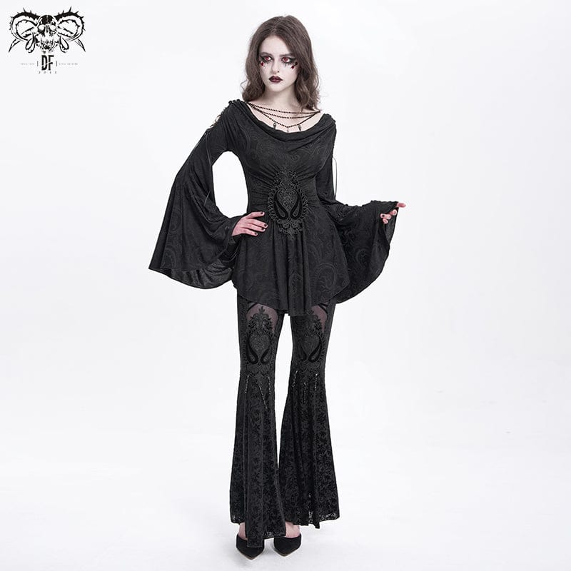 DEVIL FASHION Women's Gothic Floral Embroidered Velvet Flared Pants