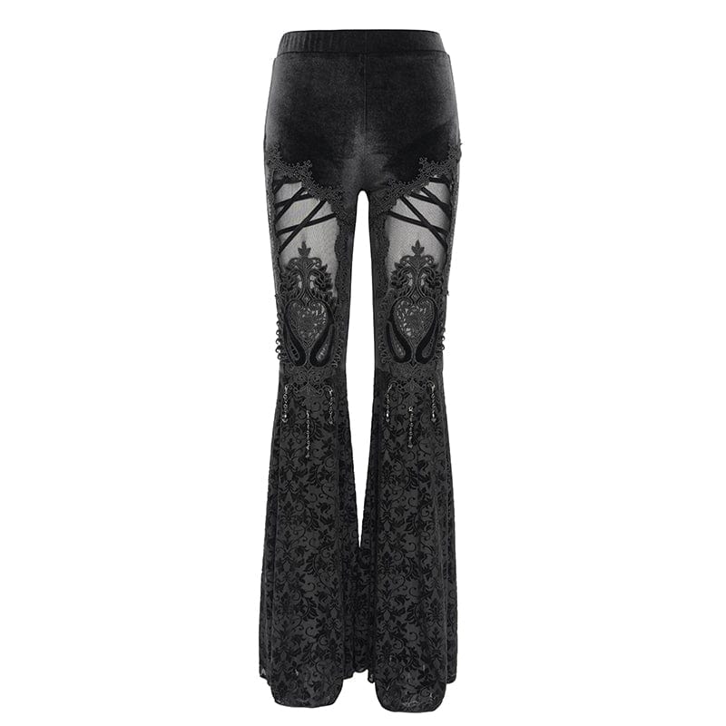 DEVIL FASHION Women's Gothic Floral Embroidered Velvet Flared Pants