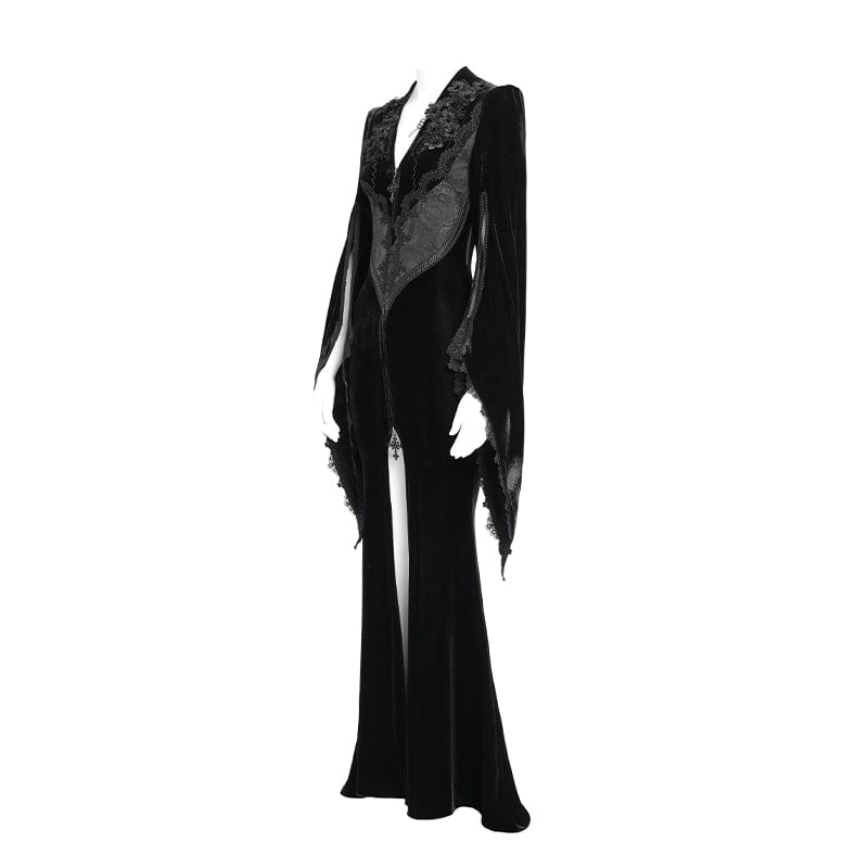 DEVIL FASHION Women's Gothic Floral Embroidered Velvet Long Dress Black