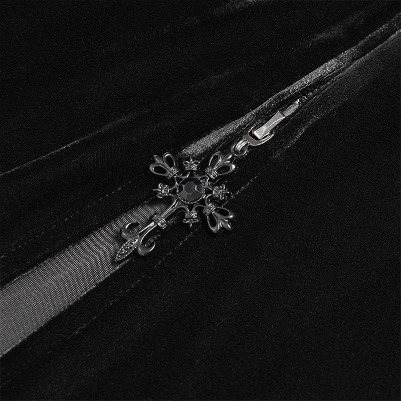 DEVIL FASHION Women's Gothic Floral Embroidered Velvet Long Dress Black