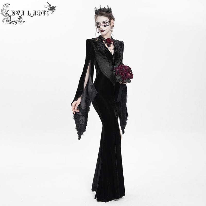 DEVIL FASHION Women's Gothic Floral Embroidered Velvet Long Dress Black