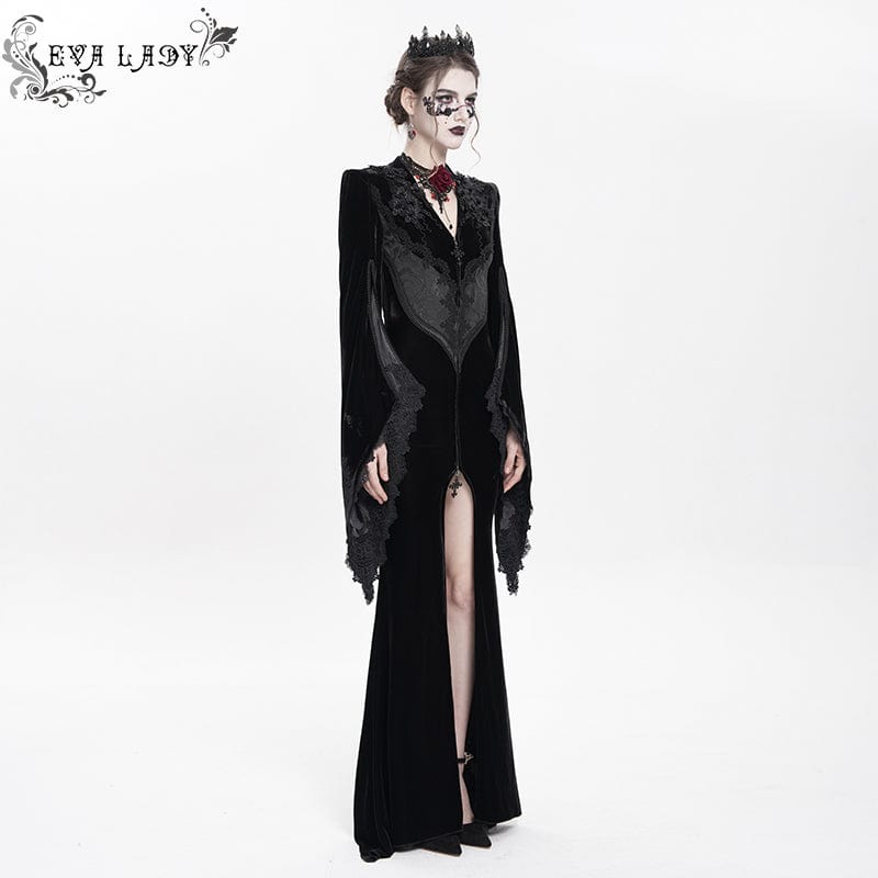 DEVIL FASHION Women's Gothic Floral Embroidered Velvet Long Dress Black