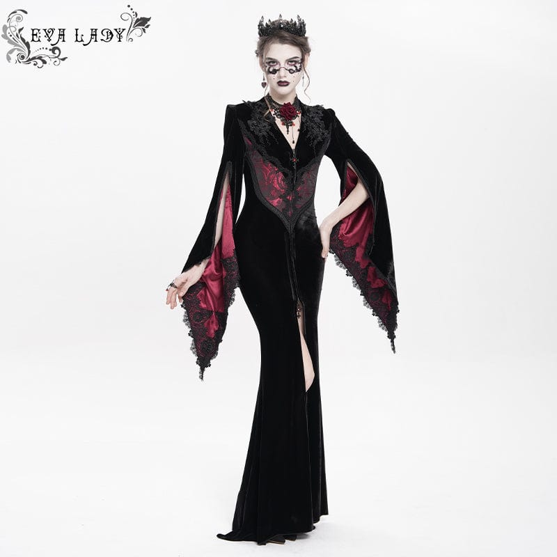 DEVIL FASHION Women's Gothic Floral Embroidered Velvet Long Dress Red