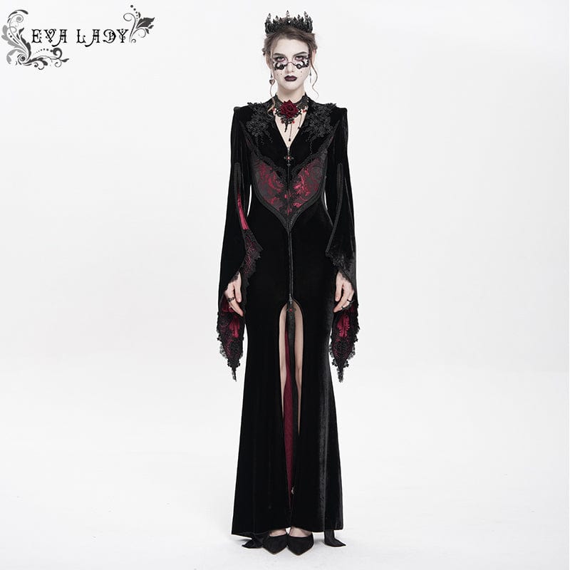 DEVIL FASHION Women's Gothic Floral Embroidered Velvet Long Dress Red