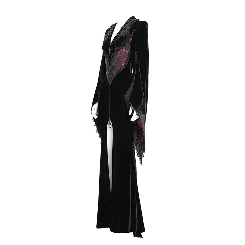 DEVIL FASHION Women's Gothic Floral Embroidered Velvet Long Dress Red