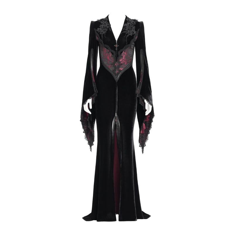 DEVIL FASHION Women's Gothic Floral Embroidered Velvet Long Dress Red
