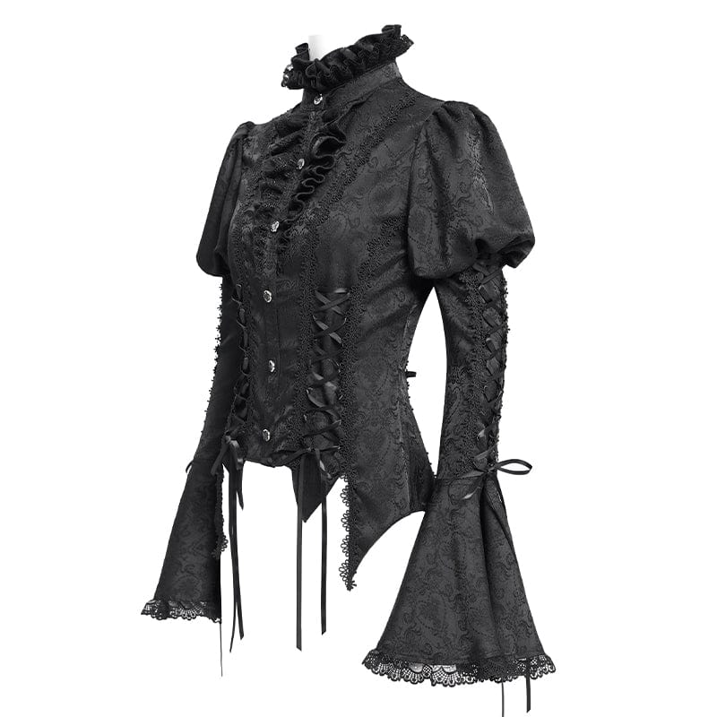 DEVIL FASHION Women's Gothic Floral Jacquard Lace-up Puff Sleeved Shirt Black