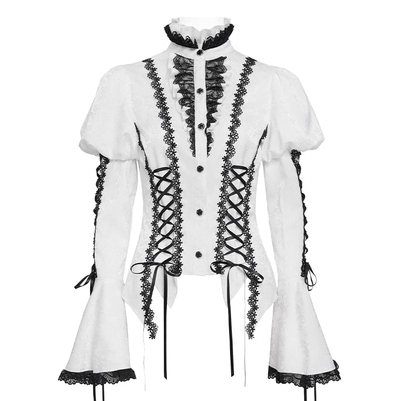 DEVIL FASHION Women's Gothic Floral Jacquard Lace-up Puff Sleeved Shirt White