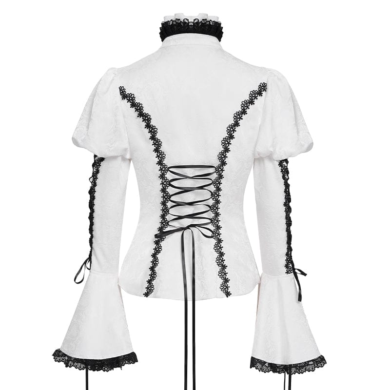 DEVIL FASHION Women's Gothic Floral Jacquard Lace-up Puff Sleeved Shirt White