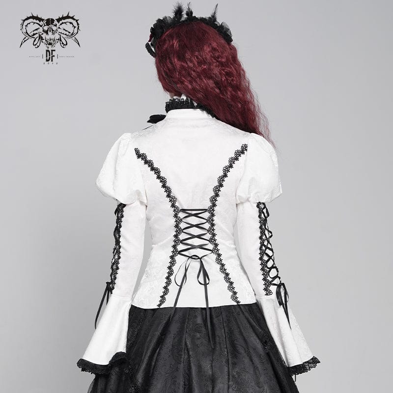 DEVIL FASHION Women's Gothic Floral Jacquard Lace-up Puff Sleeved Shirt White