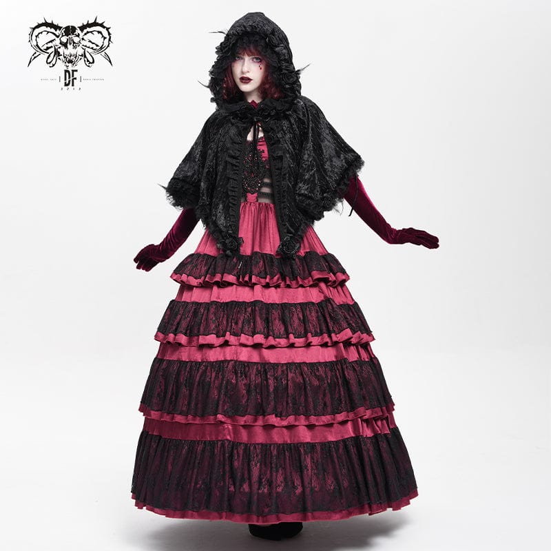 DEVIL FASHION Women's Gothic Floral Lace Hem Hooded Cape