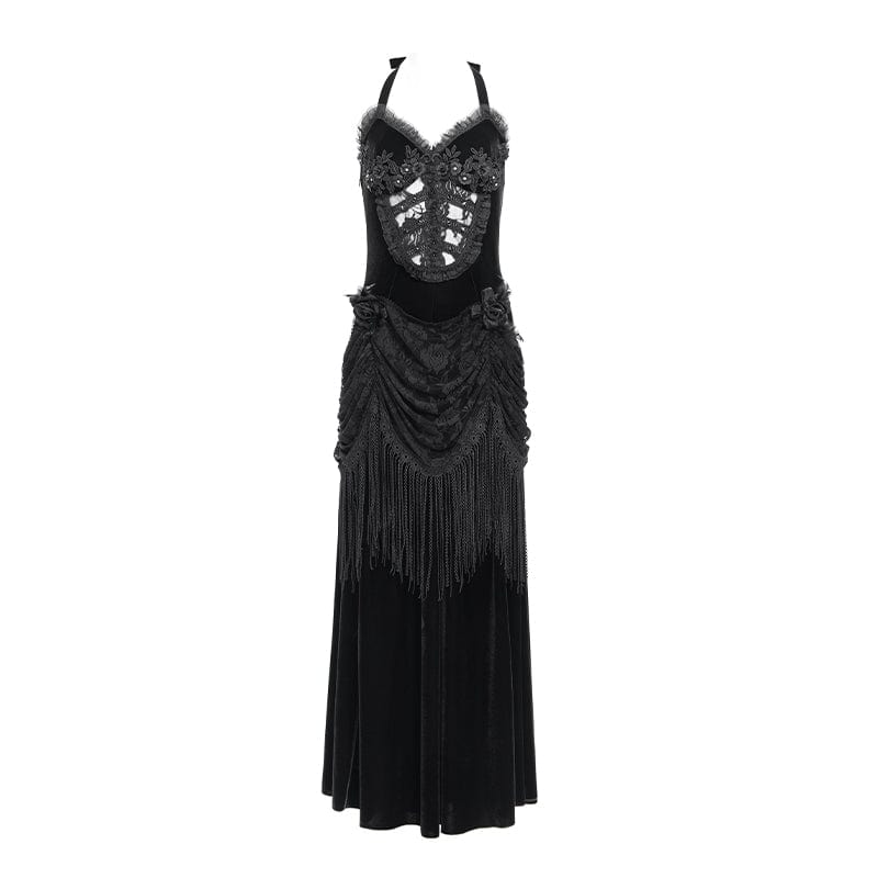 DEVIL FASHION Women's Gothic Floral Ruched Lace-up Maxi Dress Black